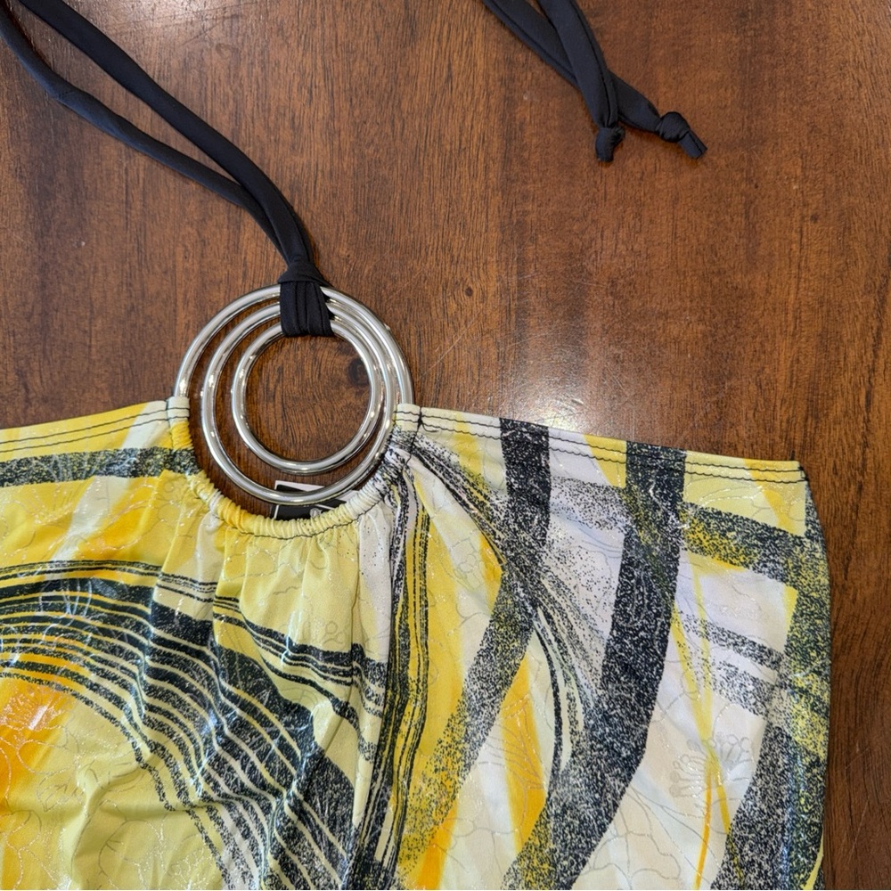 NWT What’s Hot Women’s Tie Neck Halter Ring Tube Top Yellow Black Shirt Top M - Picture 3 of 7